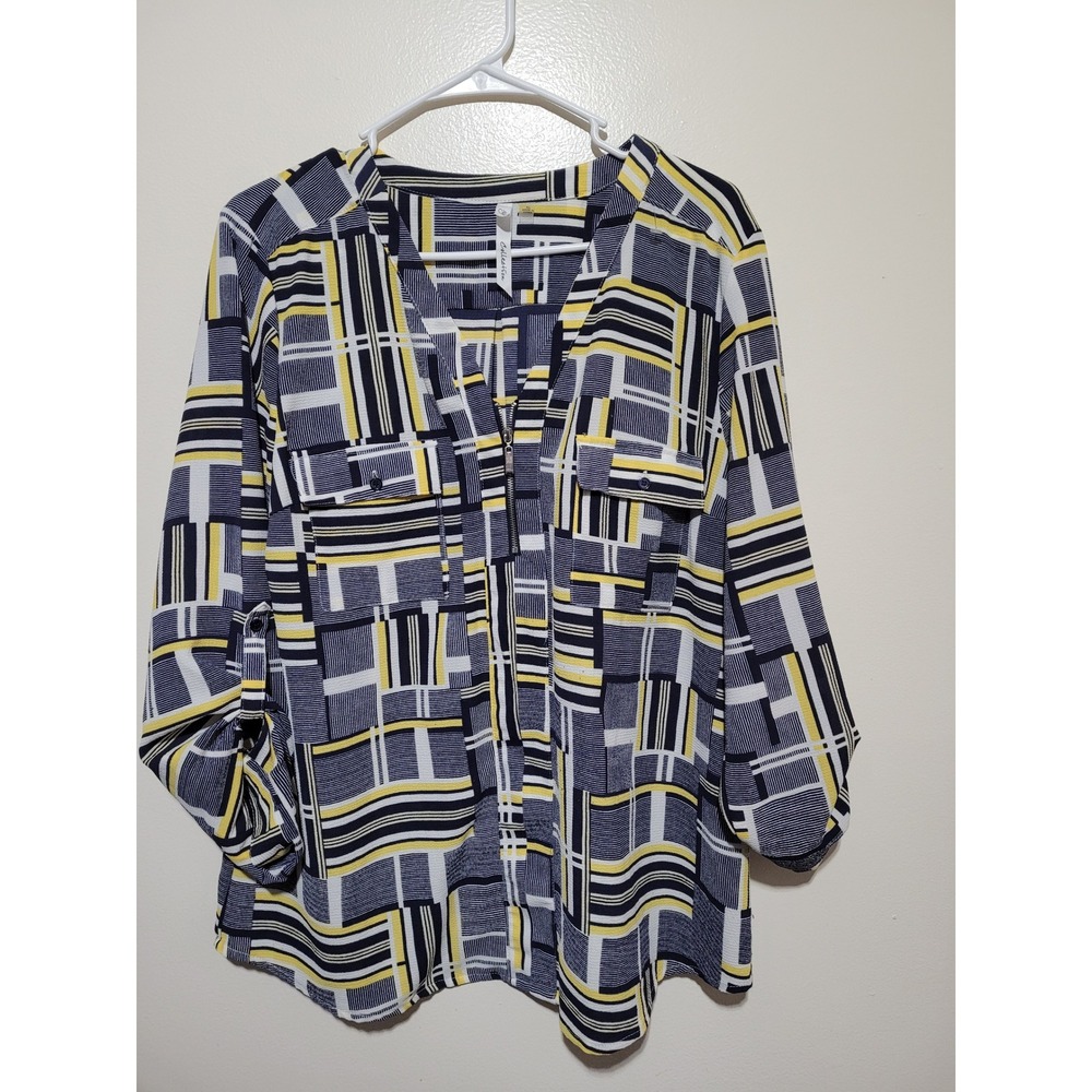 NY Collection Blouse Women XL Navy Yellow Geometric Roll Tab Zip Top
